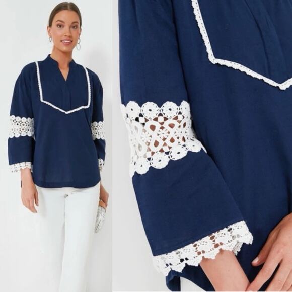 Tuckernuck Piper lace Blouse Navy Sz XS peasant feminine Nautical french chic - Picture 1 of 10
